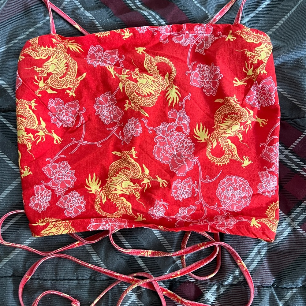 Dragon print Red Tube Top w adjustable lace
on the back